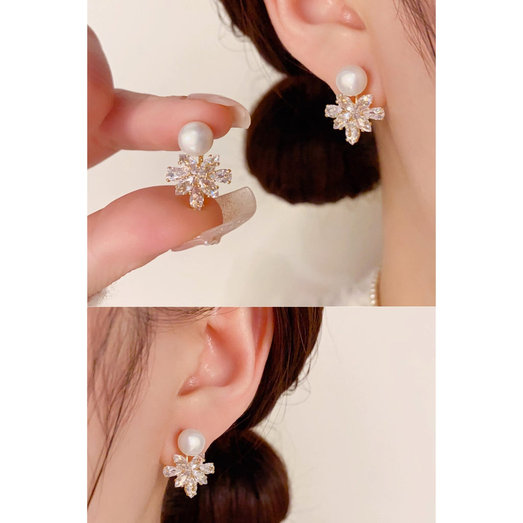 Boucles d'oreilles Perle en argent S925 — flocon de neige en zircon Cuivre, style raffiné et luxueux