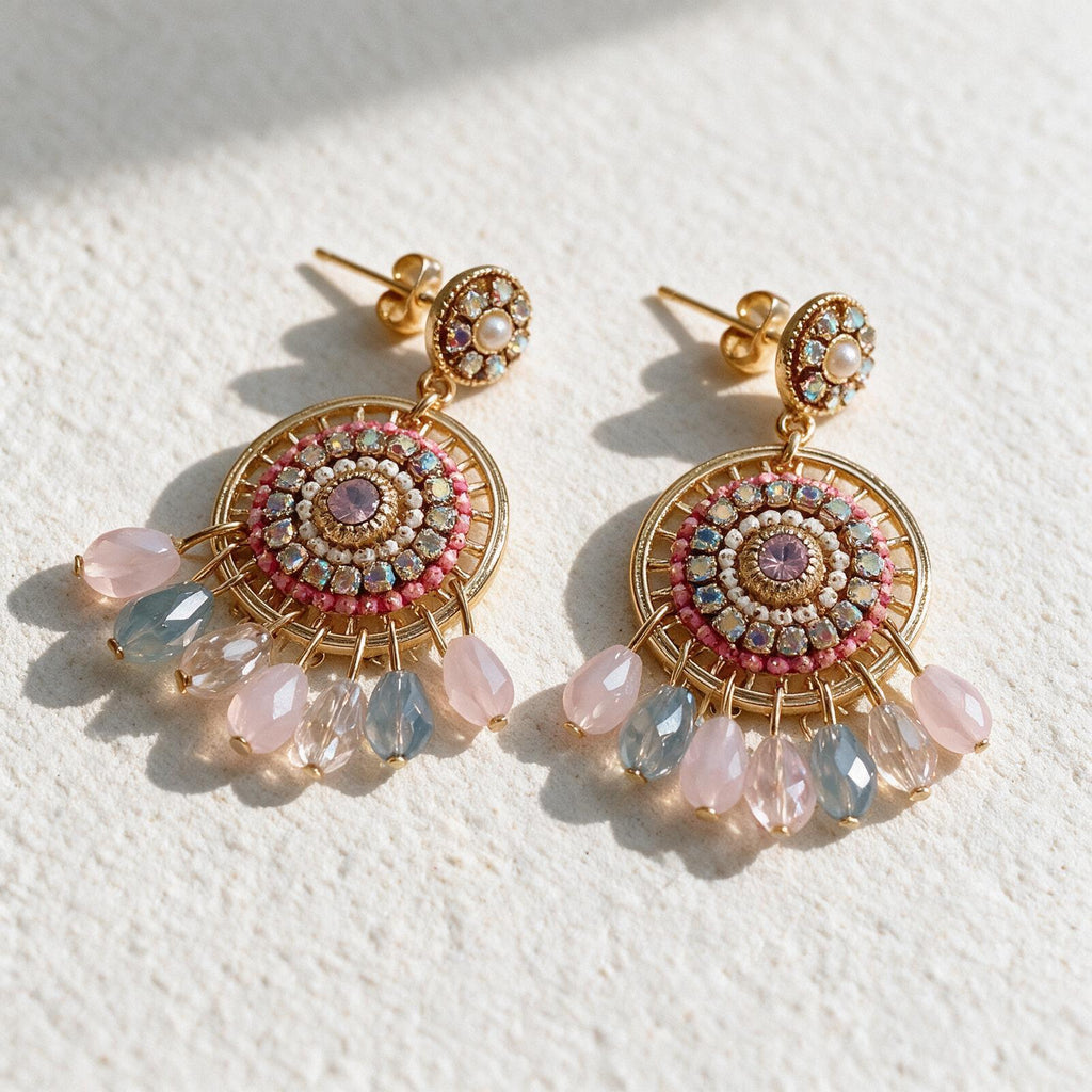 Boucles d’oreilles pendantes Mandala – Rose & Bleu