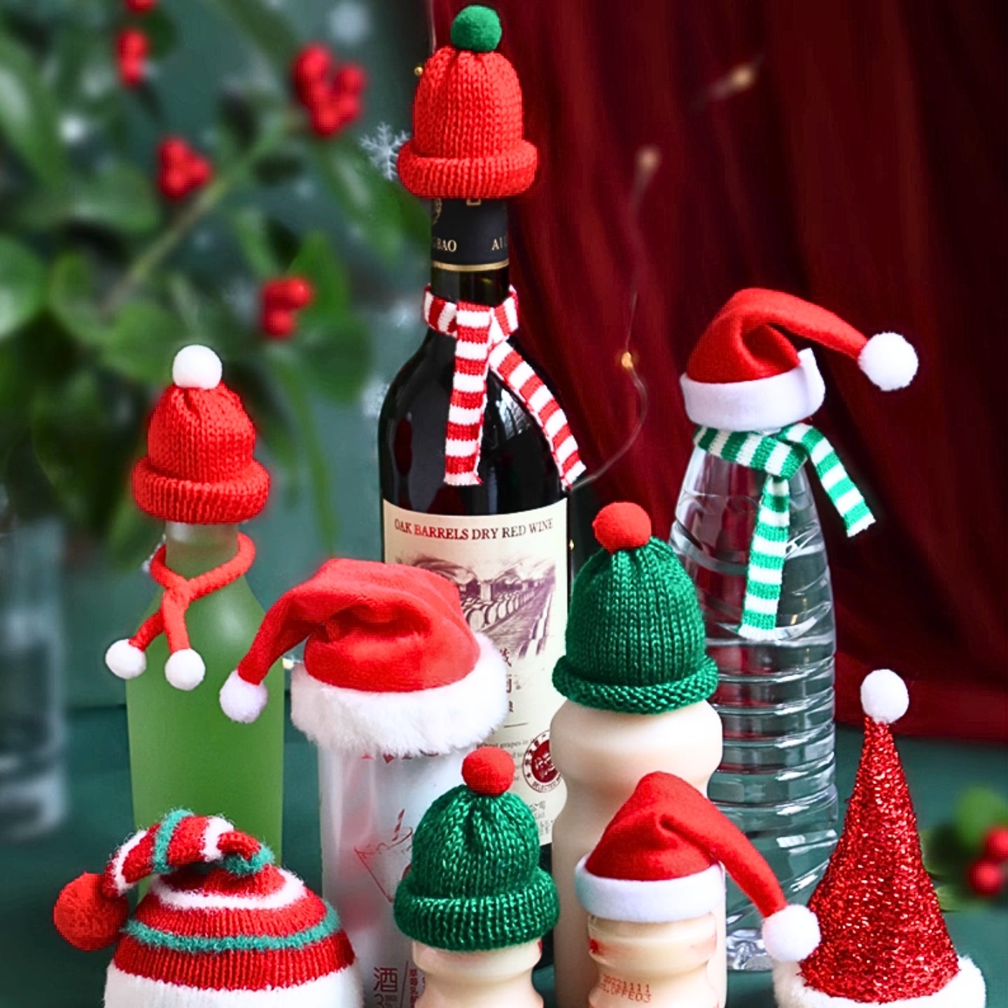Décorations de Noël DIY🎅 – mini chapeaux / bonnets en tissu ou tricot à fixer sur bouteilles, sucettes, pommes, boissons festives