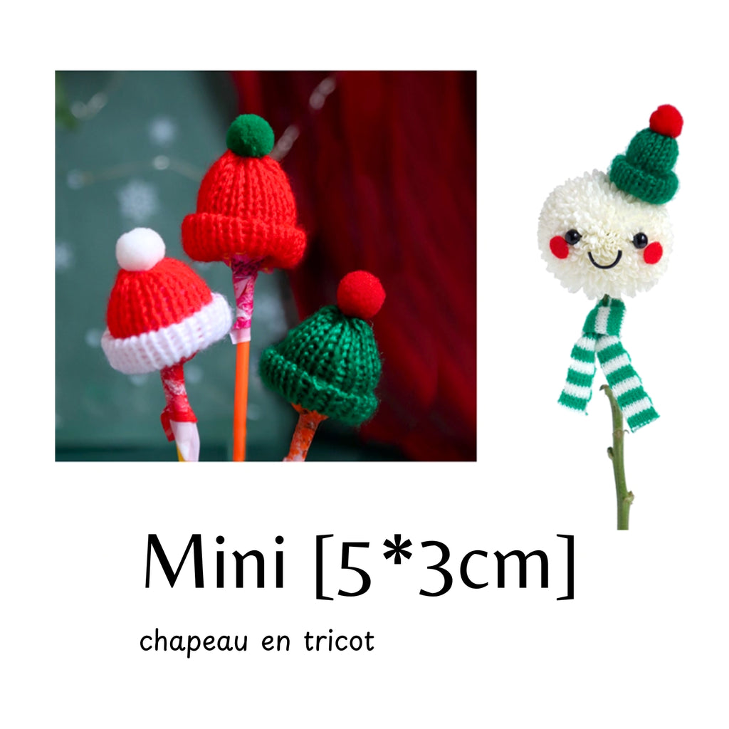 Décorations de Noël DIY🎅 – mini chapeaux / bonnets en tissu ou tricot à fixer sur bouteilles, sucettes, pommes, boissons festives