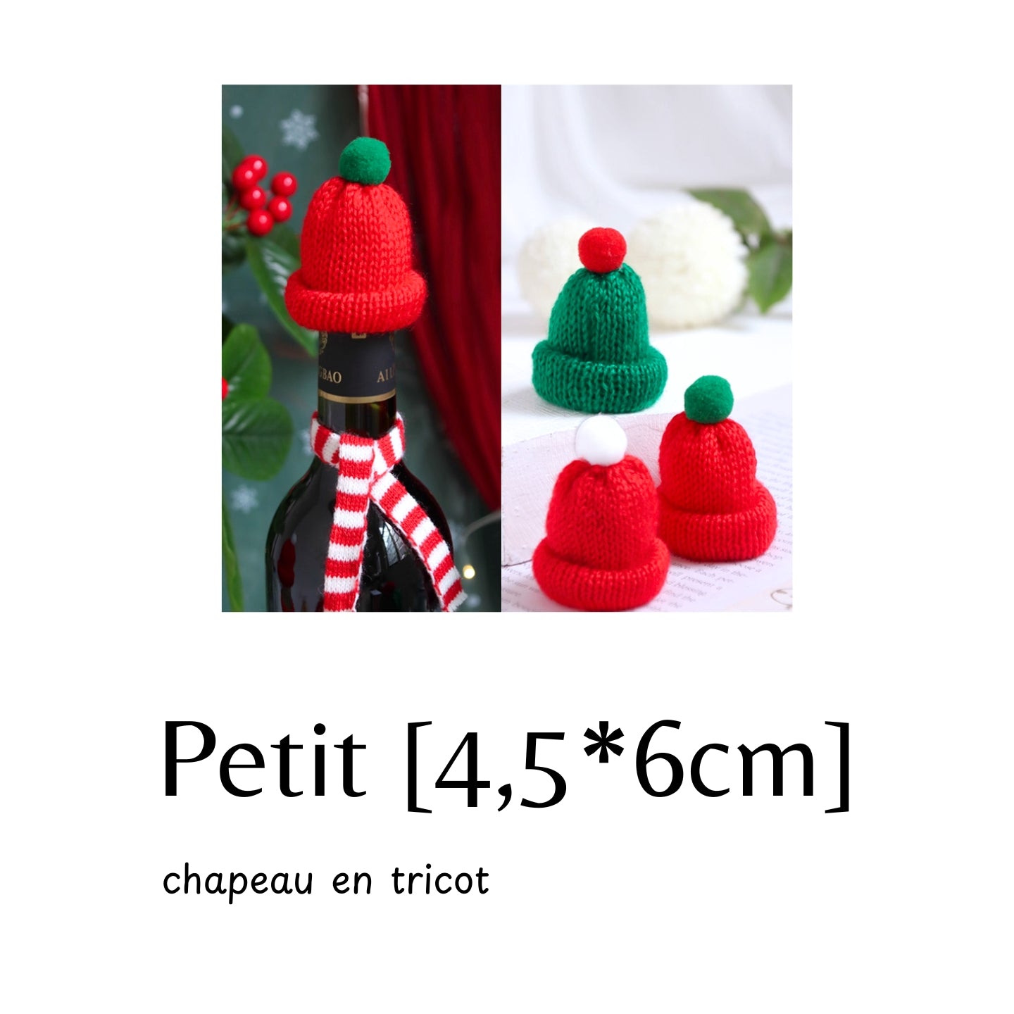 Décorations de Noël DIY🎅 – mini chapeaux / bonnets en tissu ou tricot à fixer sur bouteilles, sucettes, pommes, boissons festives