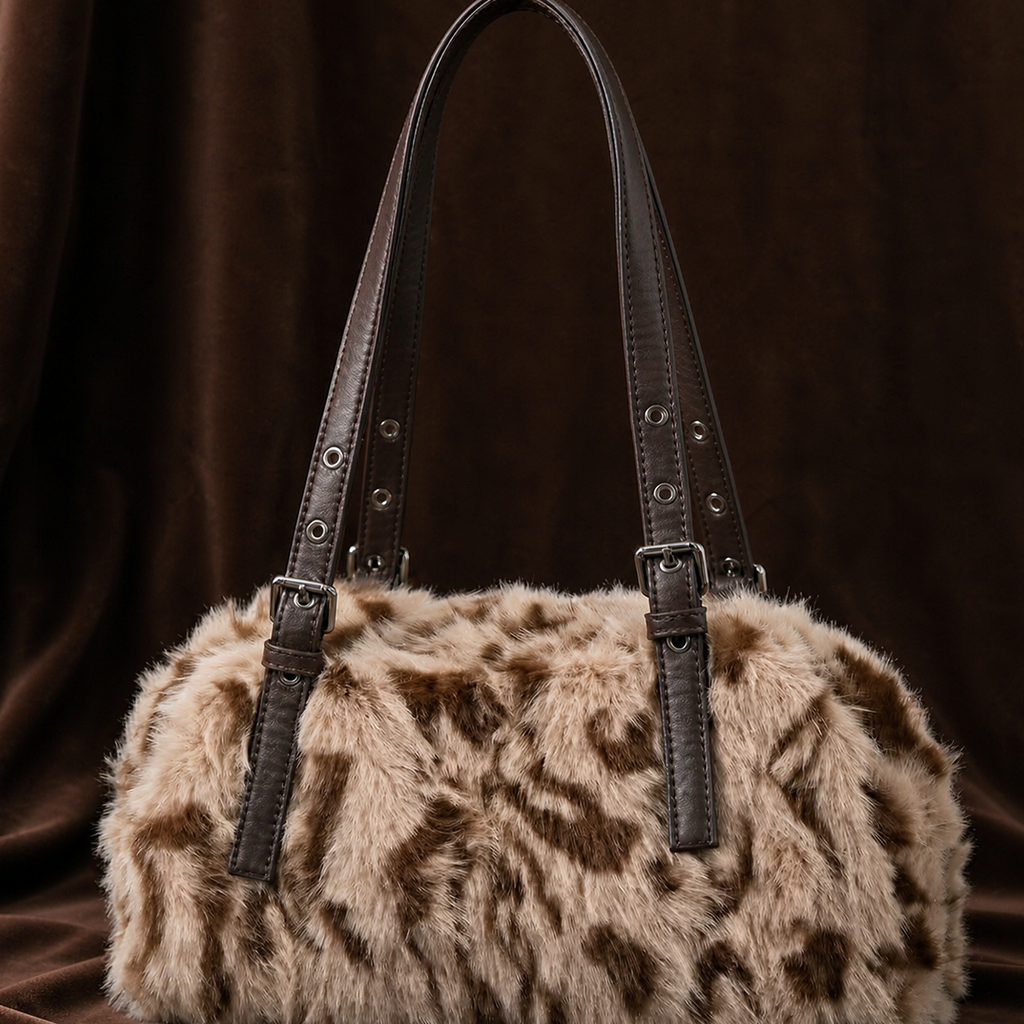 Sac à Main Léopard Fluffy - Sac Porté Épaule Rétro avec Boucles