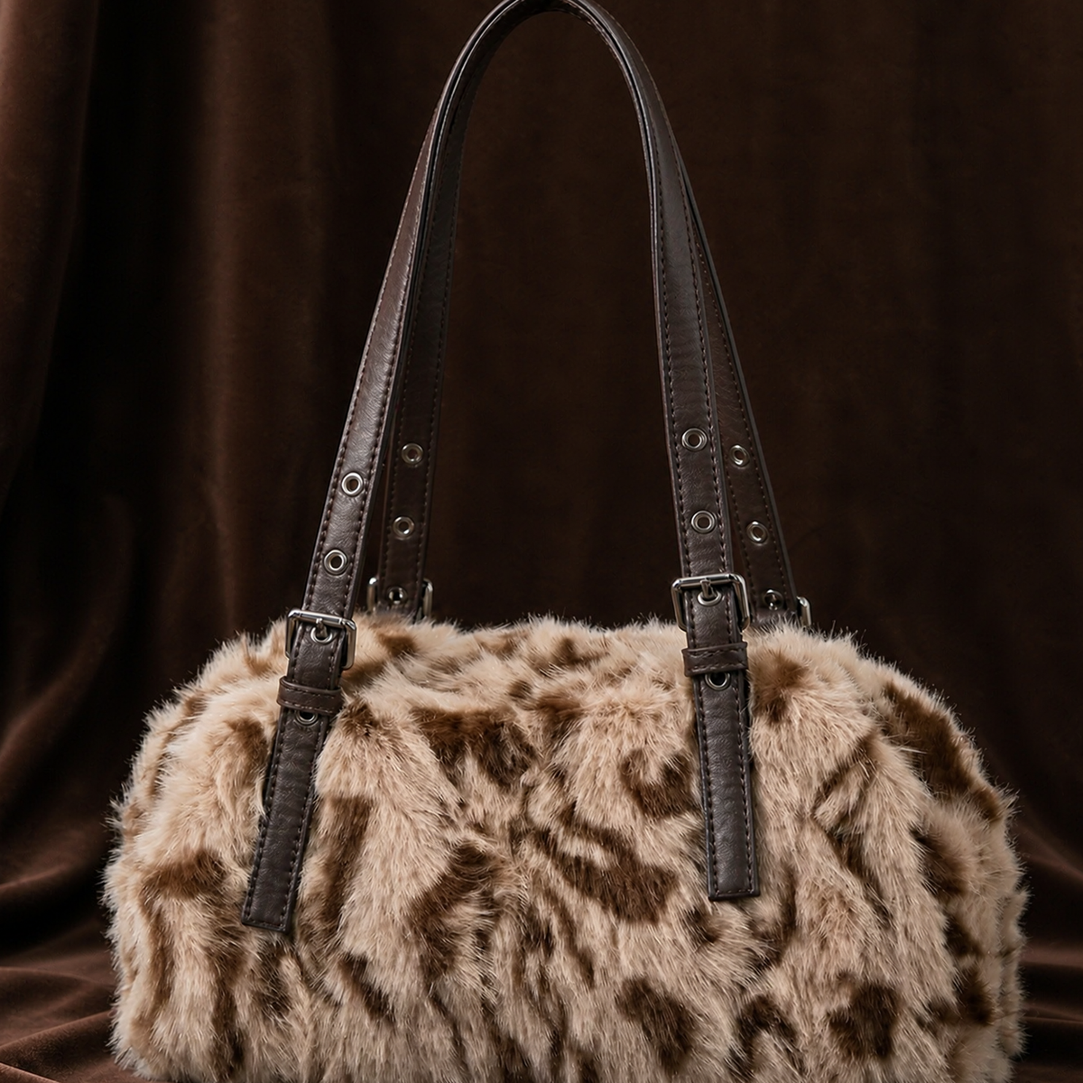 Sac à Main Léopard Fluffy - Sac Porté Épaule Rétro avec Boucles