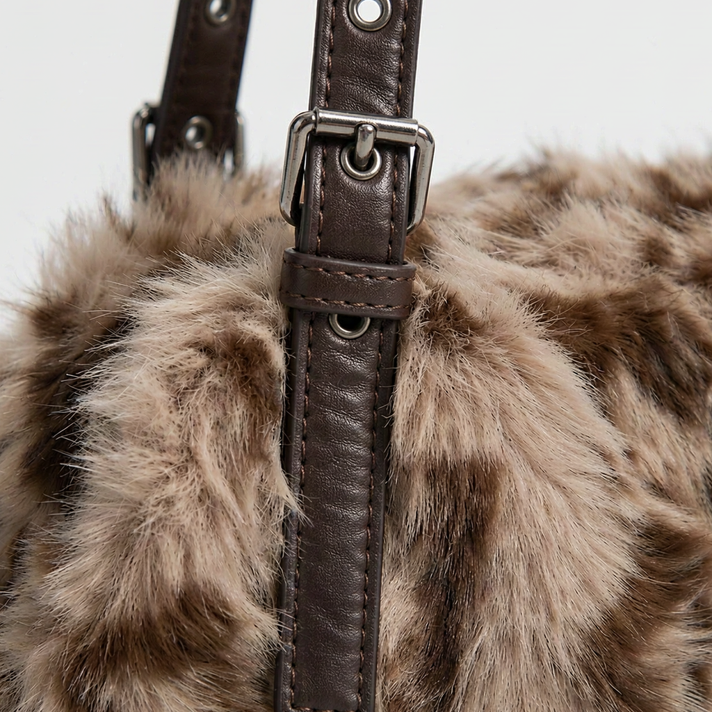 Sac à Main Léopard Fluffy - Sac Porté Épaule Rétro avec Boucles