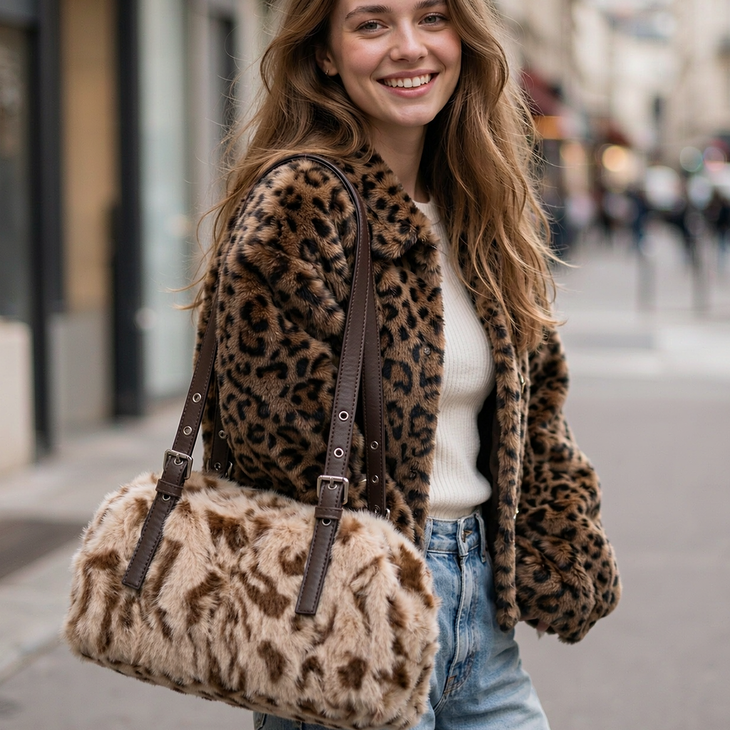 Sac à Main Léopard Fluffy - Sac Porté Épaule Rétro avec Boucles
