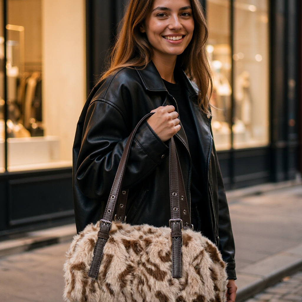 Sac à Main Léopard Fluffy - Sac Porté Épaule Rétro avec Boucles