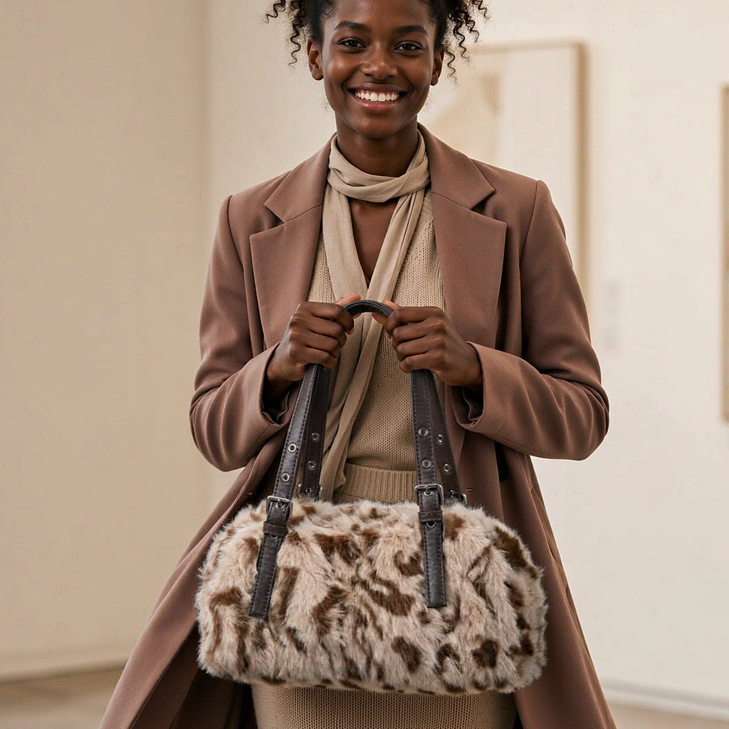 Sac à Main Léopard Fluffy - Sac Porté Épaule Rétro avec Boucles