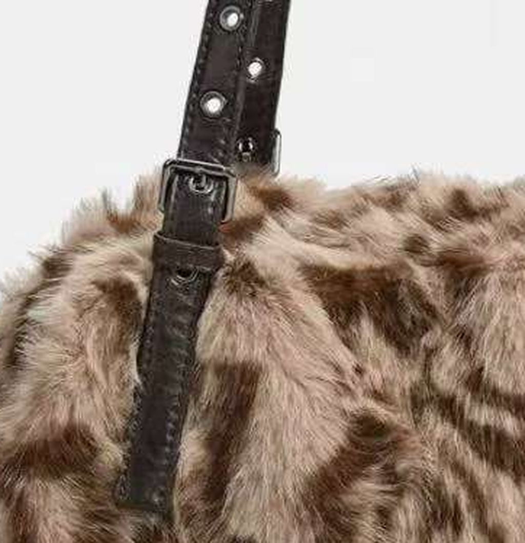Sac à Main Léopard Fluffy - Sac Porté Épaule Rétro avec Boucles