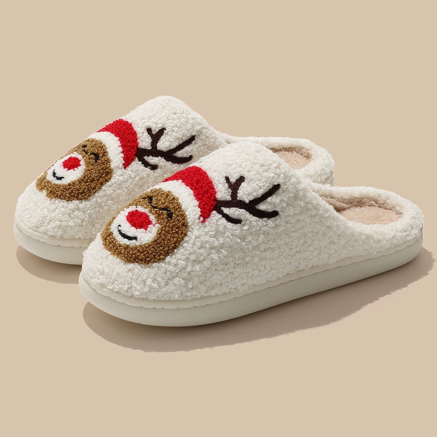Chaussons d’hiver à motif renne de Noël – Peluche chaude antidérapante, confort douillet pour la maison