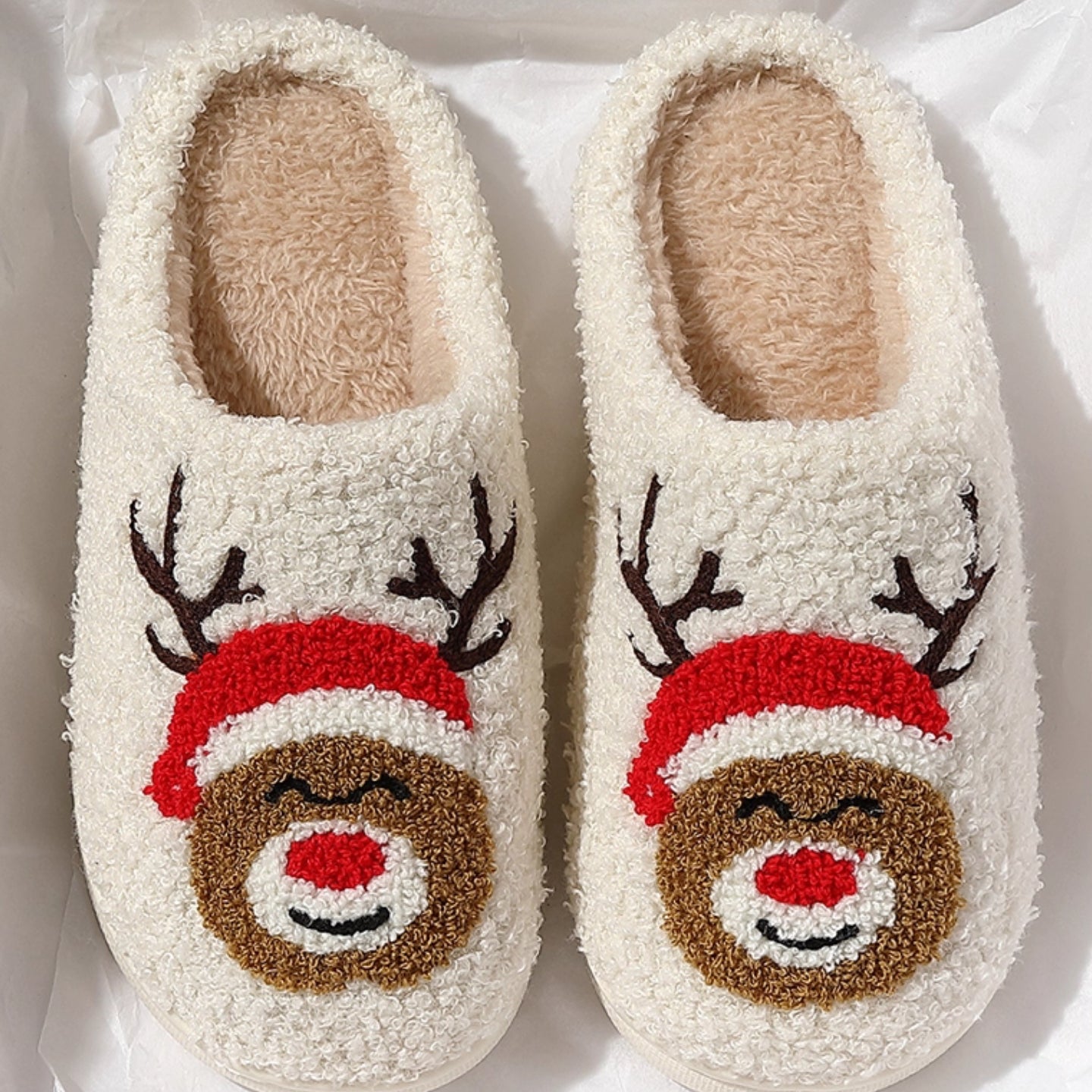 Chaussons d’hiver à motif renne de Noël – Peluche chaude antidérapante, confort douillet pour la maison