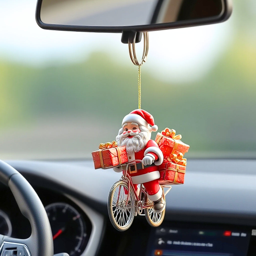 🎅Père Noël à vélo décoratif - Pendentif de Noël en acrylique 2D, décoration pour maison ou rétro de voiture