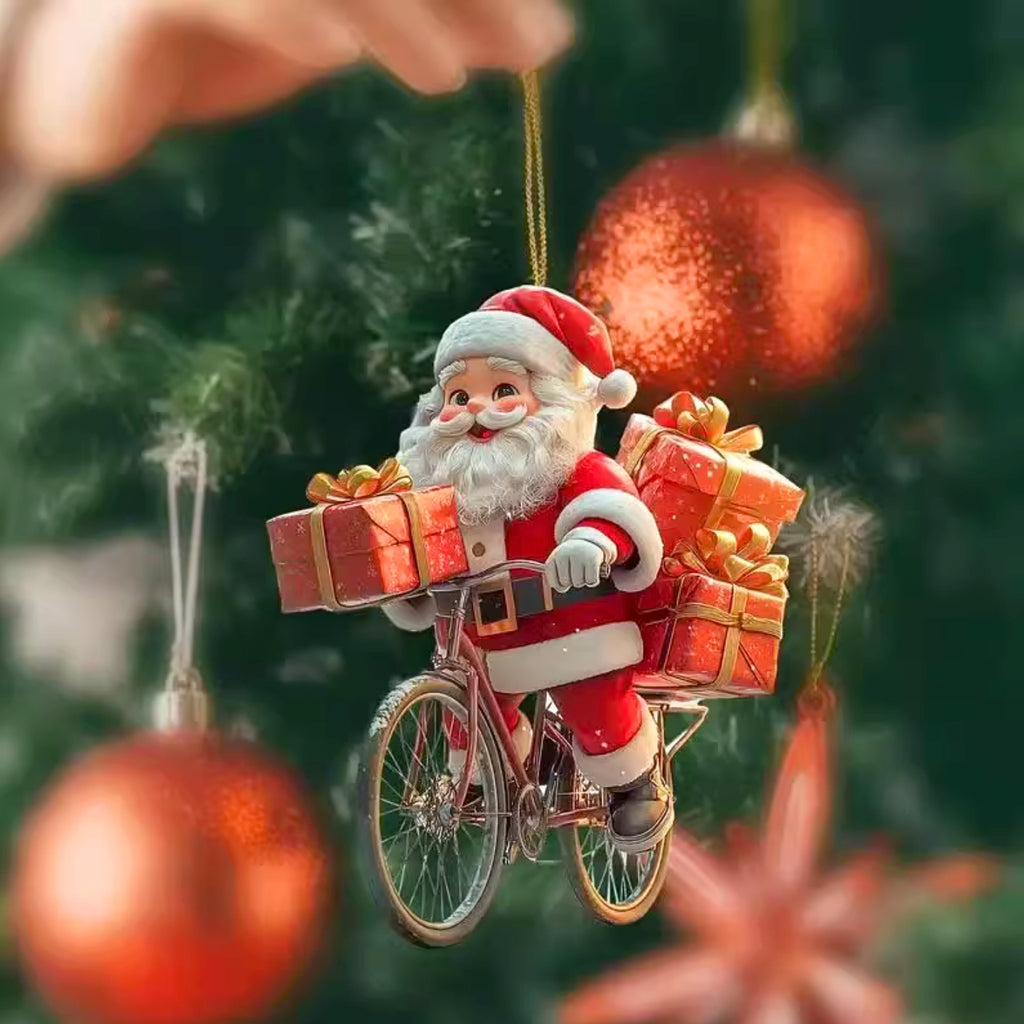 🎅Père Noël à vélo décoratif - Pendentif de Noël en acrylique 2D, décoration pour maison ou rétro de voiture