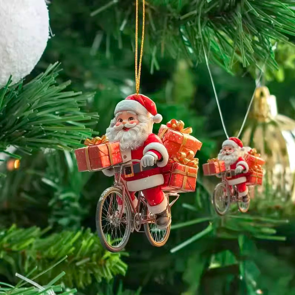 🎅Père Noël à vélo décoratif - Pendentif de Noël en acrylique 2D, décoration pour maison ou rétro de voiture