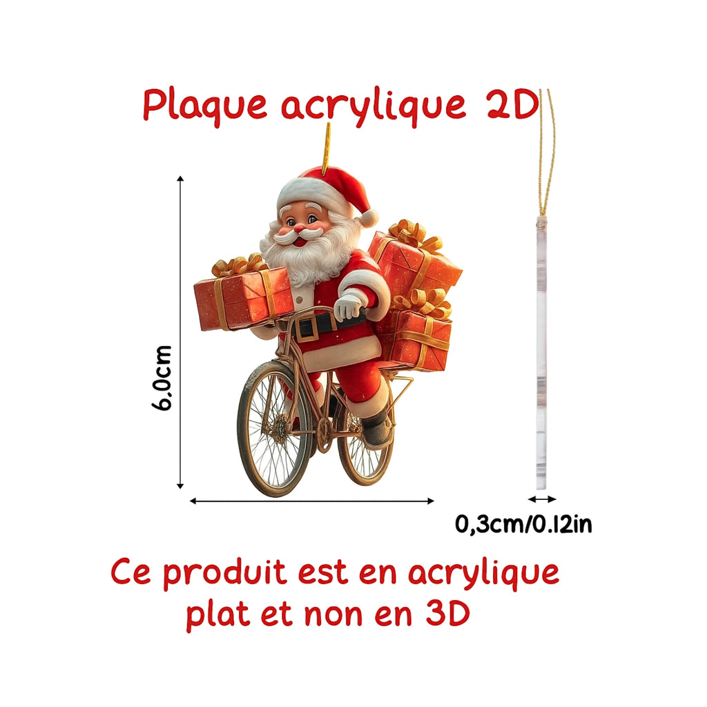 🎅Père Noël à vélo décoratif - Pendentif de Noël en acrylique 2D, décoration pour maison ou rétro de voiture