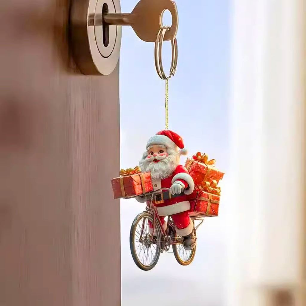 🎅Père Noël à vélo décoratif - Pendentif de Noël en acrylique 2D, décoration pour maison ou rétro de voiture