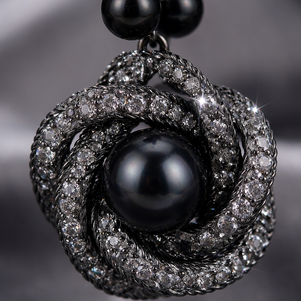 Boucles d'Oreilles Noir Strass et Perle - Design Floral Rétro