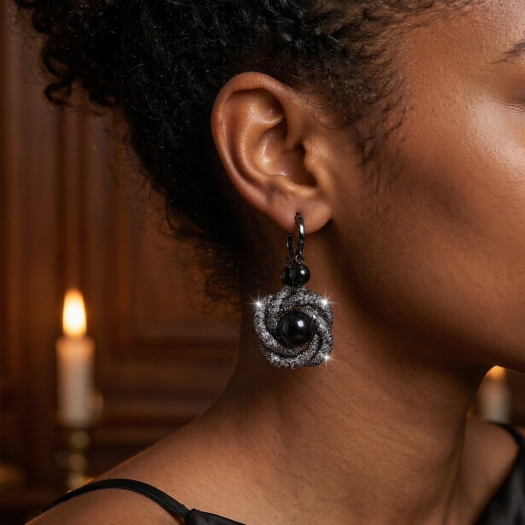 Boucles d'Oreilles Noir Strass et Perle - Design Floral Rétro